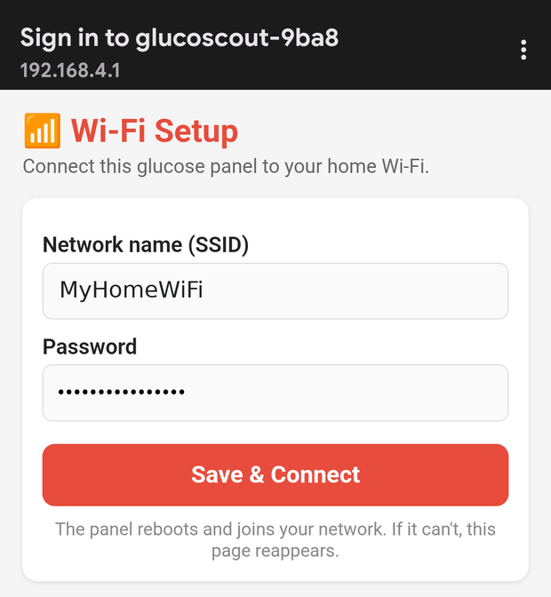The setup page on a phone, showing fields for network name and password above a Save and Connect button.